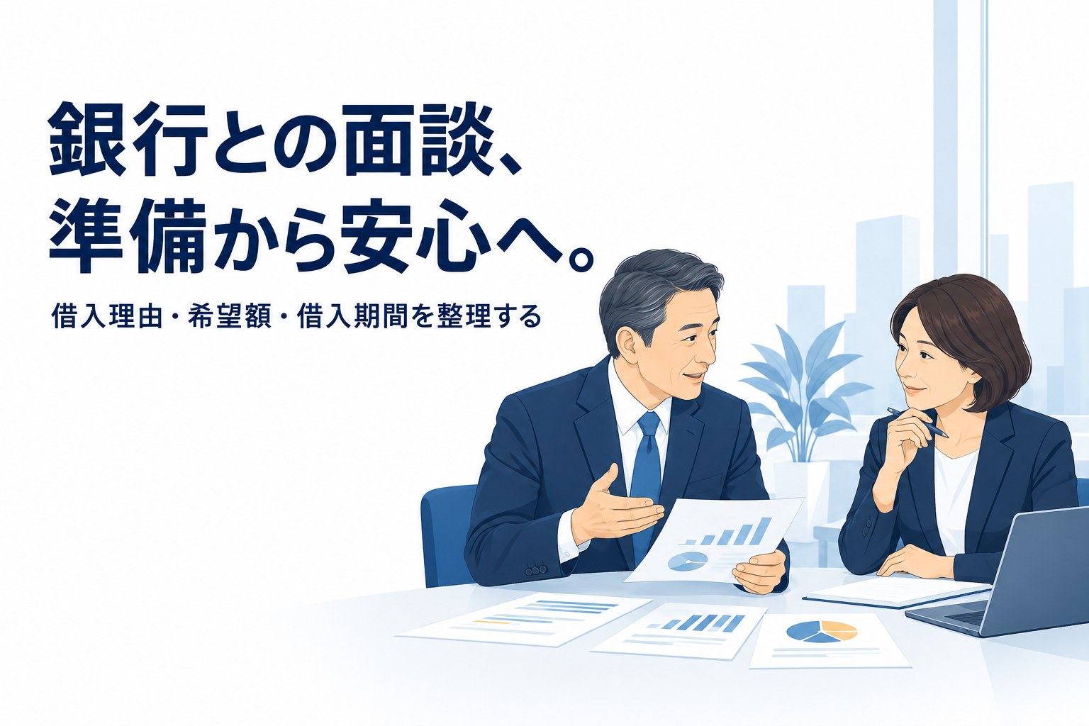 銀行との面談、準備から安心へ。借入理由・希望額・借入期間を整理する。資料を見ながら話す経営者と銀行担当者のイラスト